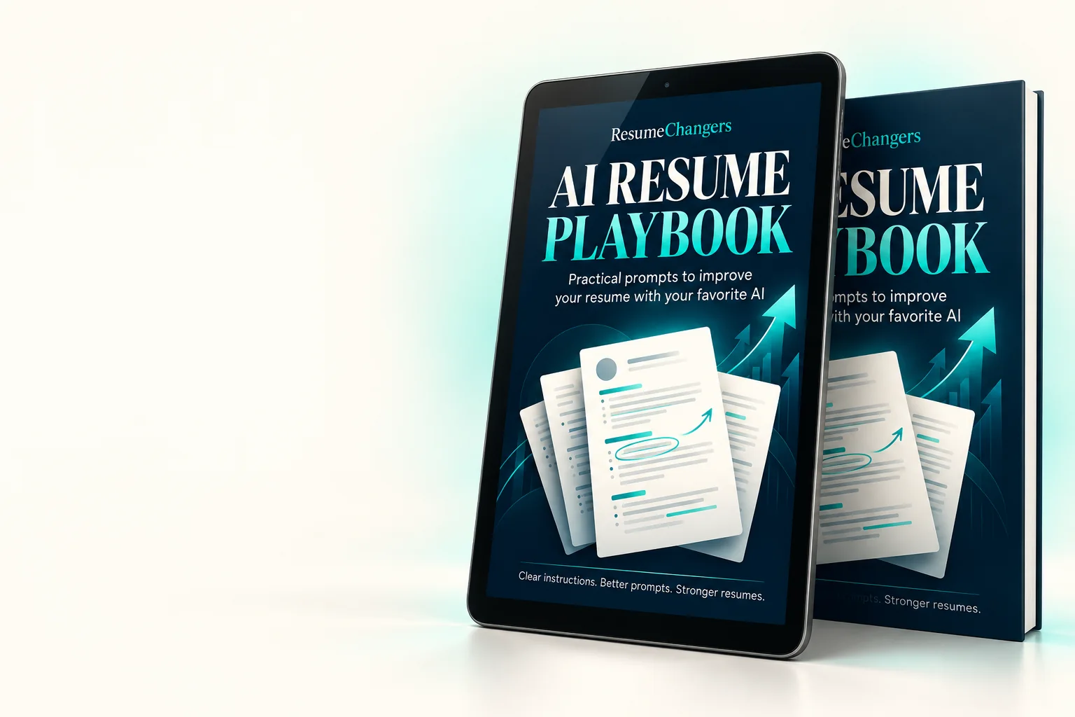 The ResumeChangers AI Resume Playbook shown on a tablet and as a book. It is a digital download.