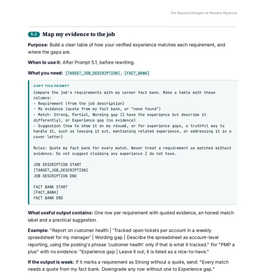 Prompt 5.2 page from the ebook: mapping your evidence to a job